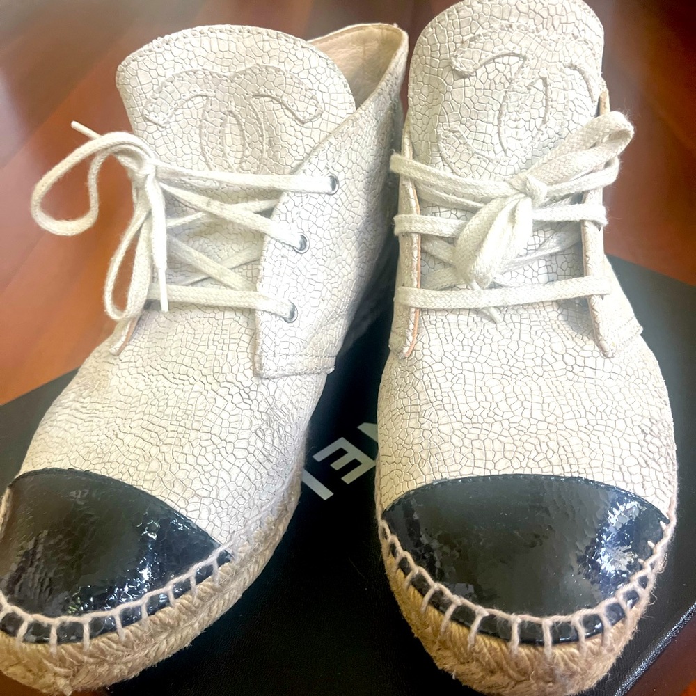 CHANEL Cream Crackle Leather Espadrille Boots with Black Patent Cap Toe